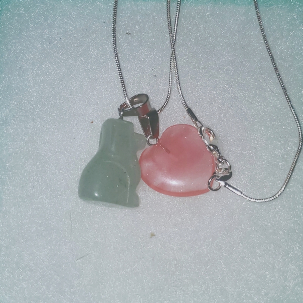 Boho Hippie Jade Dog & Cherry Quartz Crystal Heart Sterling Silver Necklace 18”